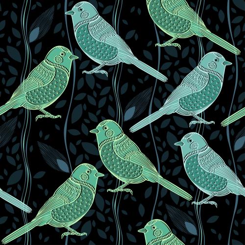 Птица. Паттерн бесшовный птицы, листья, вертикальные волнистые линии на черном