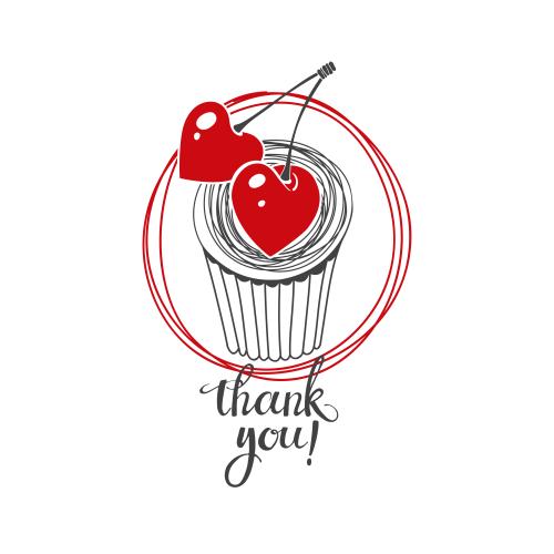 Вишня. Изображение кекс с вишнями-сердечками и надпись thank you на белом