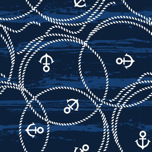 Морской канат. Изображение белые круги из морских канатов и якоря, фактурные волны на синем