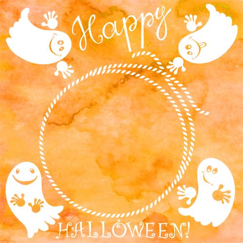 Хэллоуин. Вектор круглая рамка из каната, милые привидения, надпись happy halloween на акварельном оранжевом
