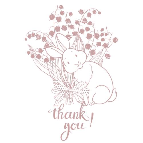 Изображение милый зайчик с букетом ландышей и надпись thank you на белом