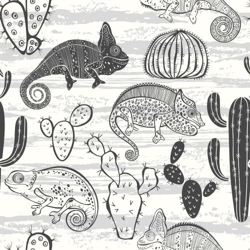 Животные. Вектор хамелеоны и кактусы, контуры и силуэты на фактурном белом