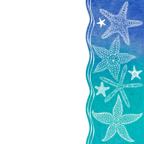 Векторное изображение морские звезды, волнистые линии на сине-бирюзовом акварельном фрагменте, место для текста на белом