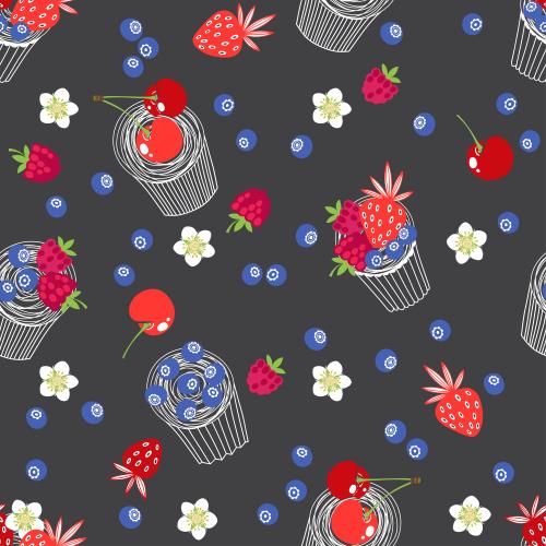 Малина. Вектор кексы с ягодами: малиной, клубникой, вишней, черникой, цветочки на черном