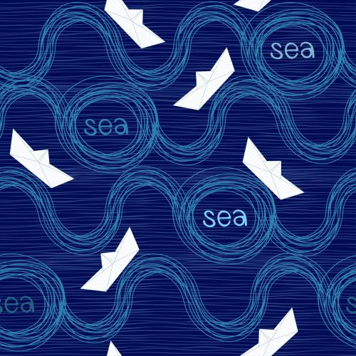 Кораблик. Изображение бумажные кораблики, волны, надписи sea на синем