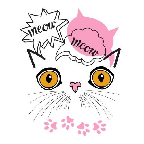Изображение мультяшная кошачья мордочка, надписи meow, следы лапок, композиция на белом