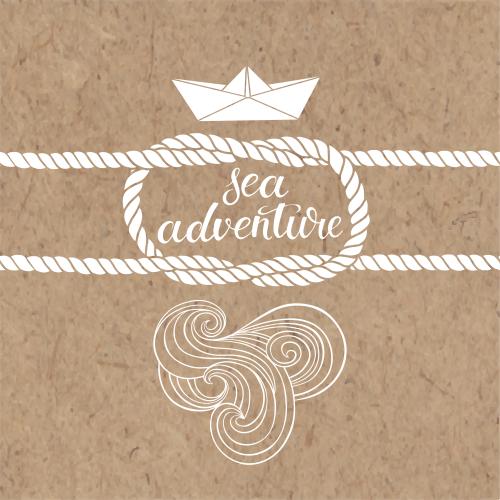 Кораблик. Изображение морской узел, бумажный кораблик, волны, надпись sea ​​adventure на крафте