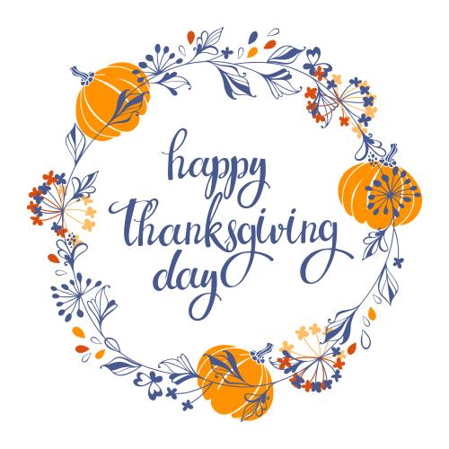 Векторное изображение венок из декоративных растений, тыквы и надпись happy thanksgiving day на белом