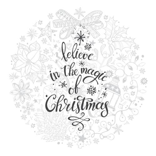 Апельсин. Изображение символы зимних праздников в круге, надпись believe in the magic of christmas на белом