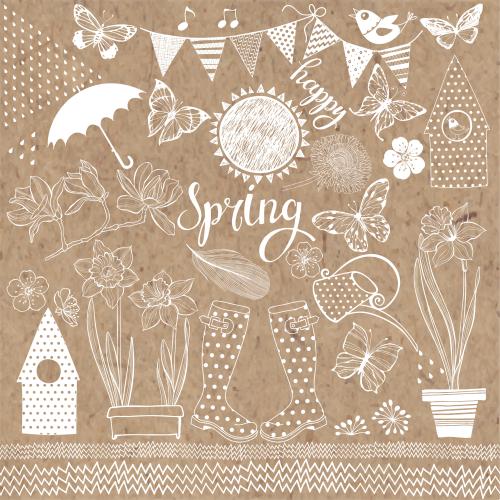 Дождь. Вектор коллекция элементов на весеннюю тему, надпись happy spring на крафте