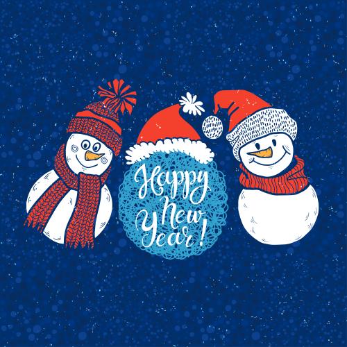 Снеговик. Изображение милые мультяшные снеговики, надпись happy new year на синем в горошек