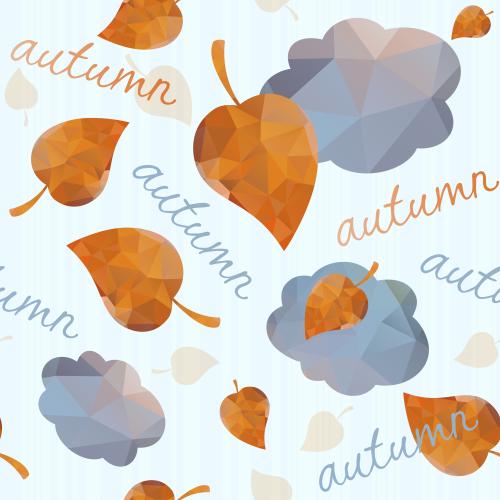 Осень. Вектор синие облака, осенние листья и надписи autumn на голубом полосатом