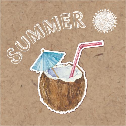 Солнце. Вектор кокосовый коктейль, солнце и надпись summer на крафте