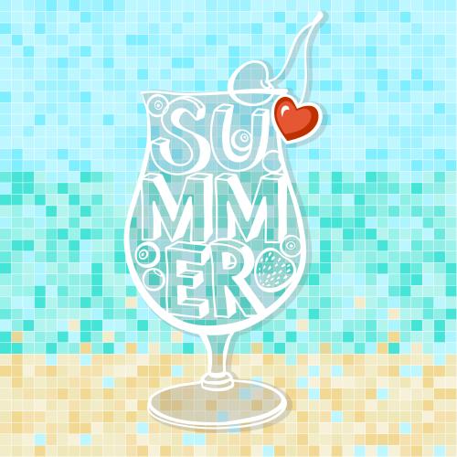 Вишня. Изображение коктейль с сердечком, надписью summer на мозаичном в цветах моря и пляжа