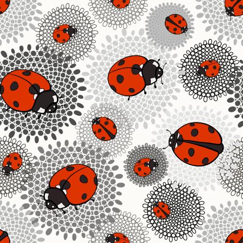 Божья коровка. Изображение яркие божьи коровки, монохромные фантазийные цветы на белом