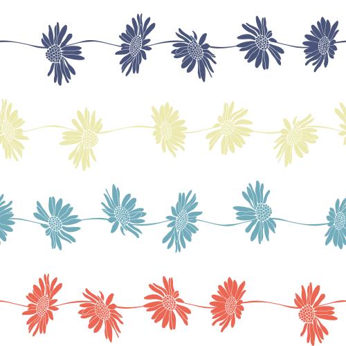 Вектор цветные силуэты ромашек, горизонтальные волнистые линии на белом