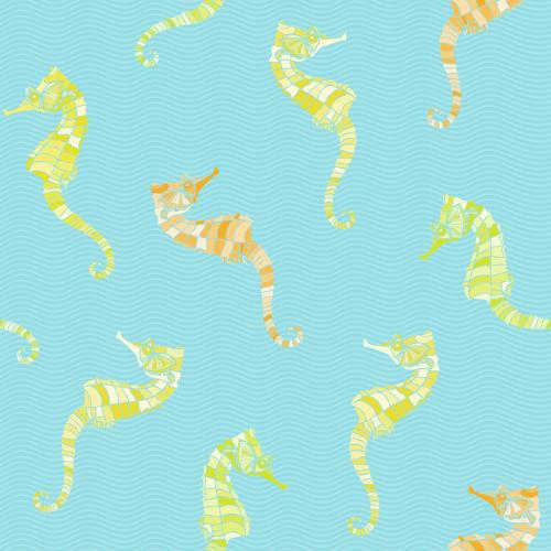 Морской конек. Изображение желтые и оранжевые морские коньки на голубых волнах