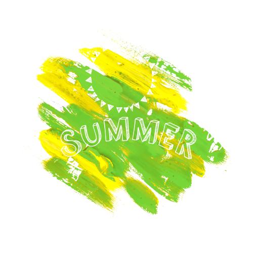 Векторное изображение желто-зеленое живописное пятно, солнце, надпись summer на белом