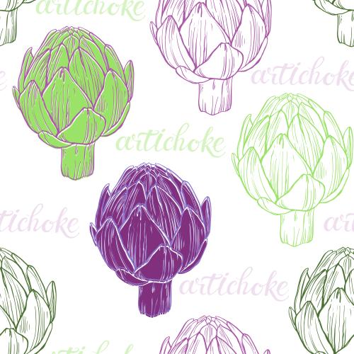 Овощи. Изображение разноцветные артишоки, надписи artichoke на белом