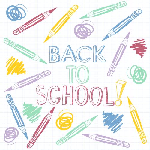 Тетрадь. Изображение цветные карандаши, надпись back to school на тетрадном листе в клетку