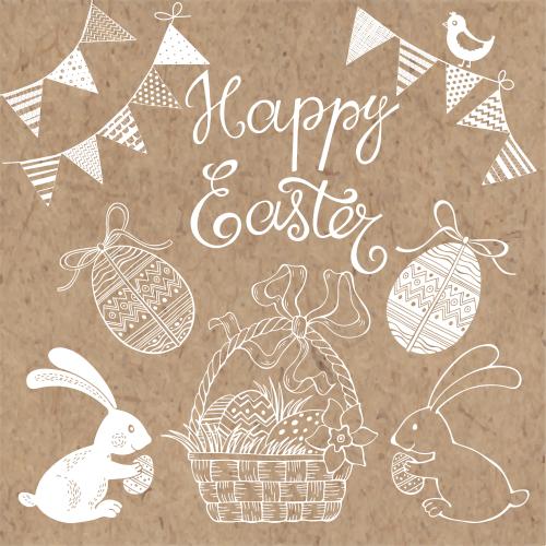 Корзина. Вектор коллекция пасхальных изображений и надпись happy easter на крафте