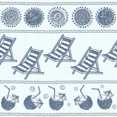 Пляж. Изображение солнце, шезлонги, кокосовые коктейли, морские канаты на голубых волнах