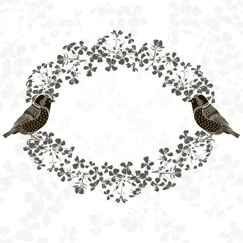 Овал. Изображение овальная рамка из силуэтов серых цветов с двумя птичками на цветочном белом