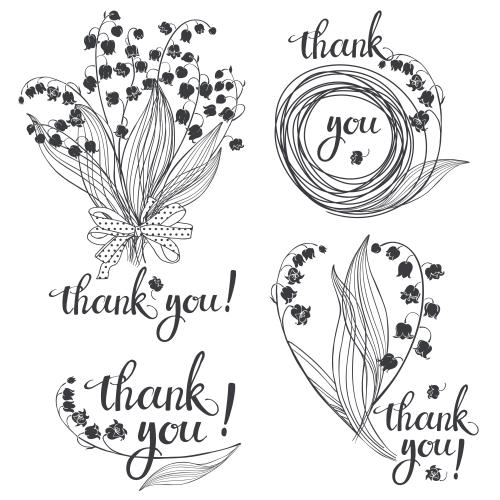Ландыш. Вектор четыре композиции с ландышами и надписью thank you на белом