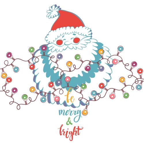 Дед мороз. Вектор дед мороз с гирляндами, надпись merry and bright на белом
