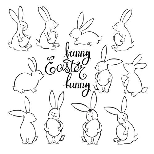 Яйцо. Клипарт мультяшные кролики с пасхальными яйцами, надпись easter, черные контуры на белом