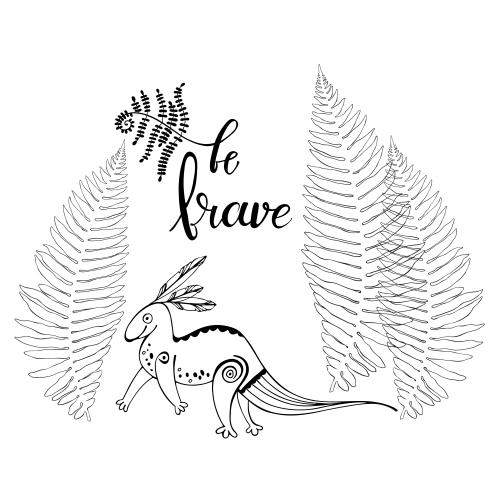 Динозавр. Вектор мультяшный динозавр, листья папоротника и надпись be brave на белом