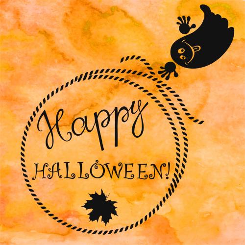 Хэллоуин. Вектор круглая рамка из каната, милое привидение, надпись happy halloween на акварельном оранжевом