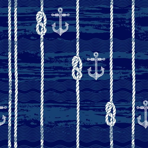 Якорь. Вектор канаты с морскими узлами, волны, якоря на синем
