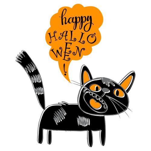 Хэллоуин. Вектор мультяшный черный кот, говорящий happy halloween