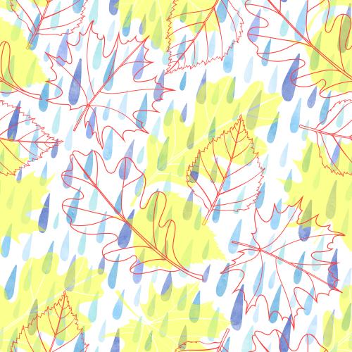 Дубовый лист. Фон дубовые, кленовые, березовые листья и акварельные капли дождя на белом